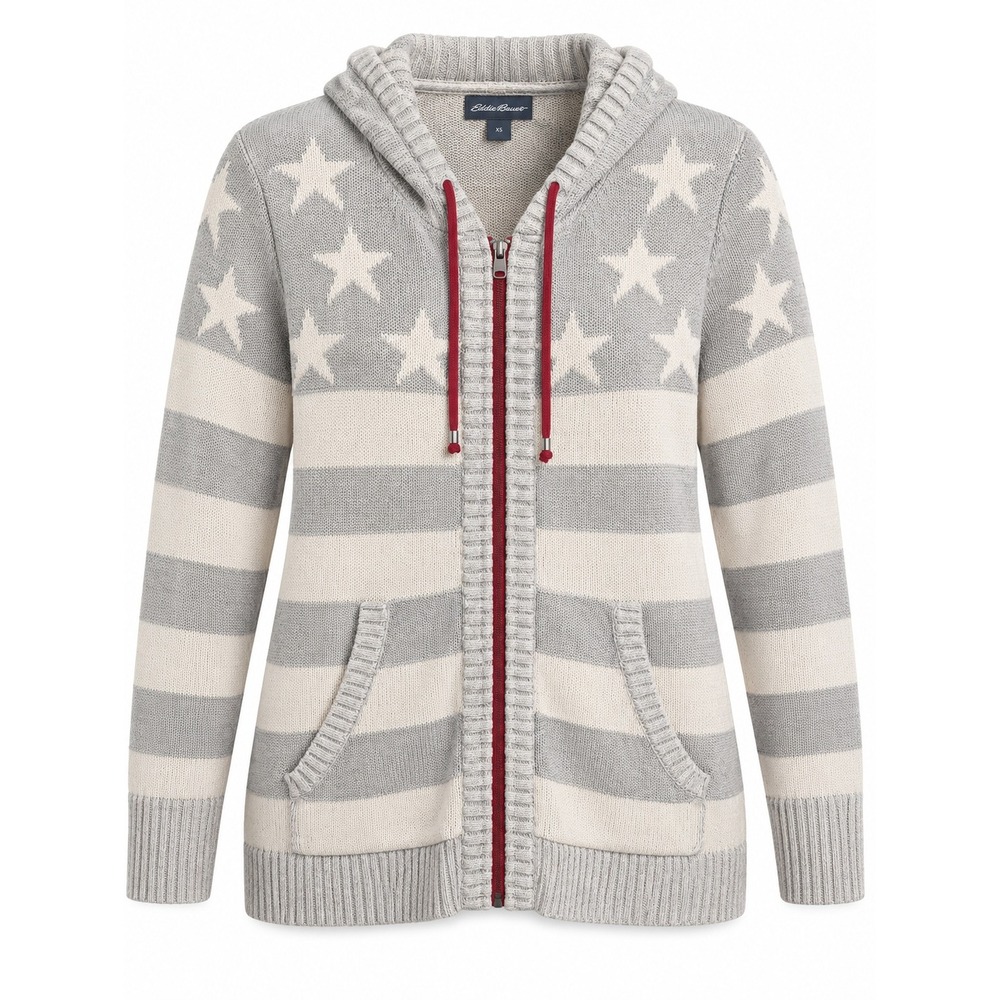 Eddie Bauer Women Large Gray White Star Stripe Cotton Full Zip Hooded Sweater